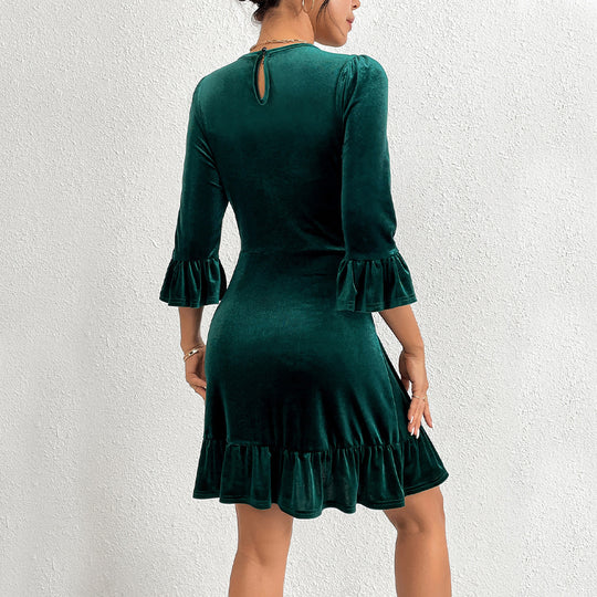 Damen Samt-Minikleid mit taillierter Korsagenlinie, gerafften Volantärmeln und stufigem Saum Shop Nory