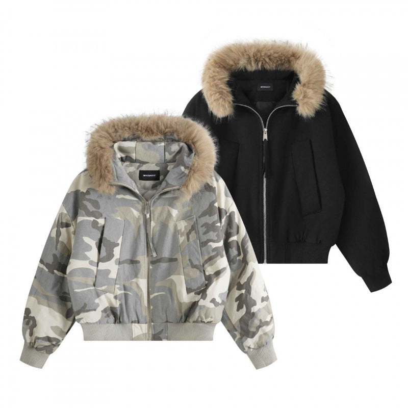 Damen Kurzer Boxy-Bomber mit Kapuze und abnehmbarem Kunstfellbesatz Shop Nory