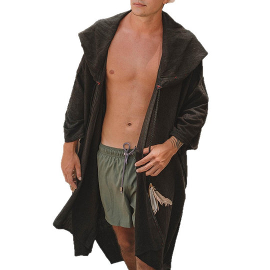 Herren Langer Kapuzen-Strandmantel aus weichem Frottee mit 3/4-Ärmeln und aufgesetzten Taschen Shop Nory