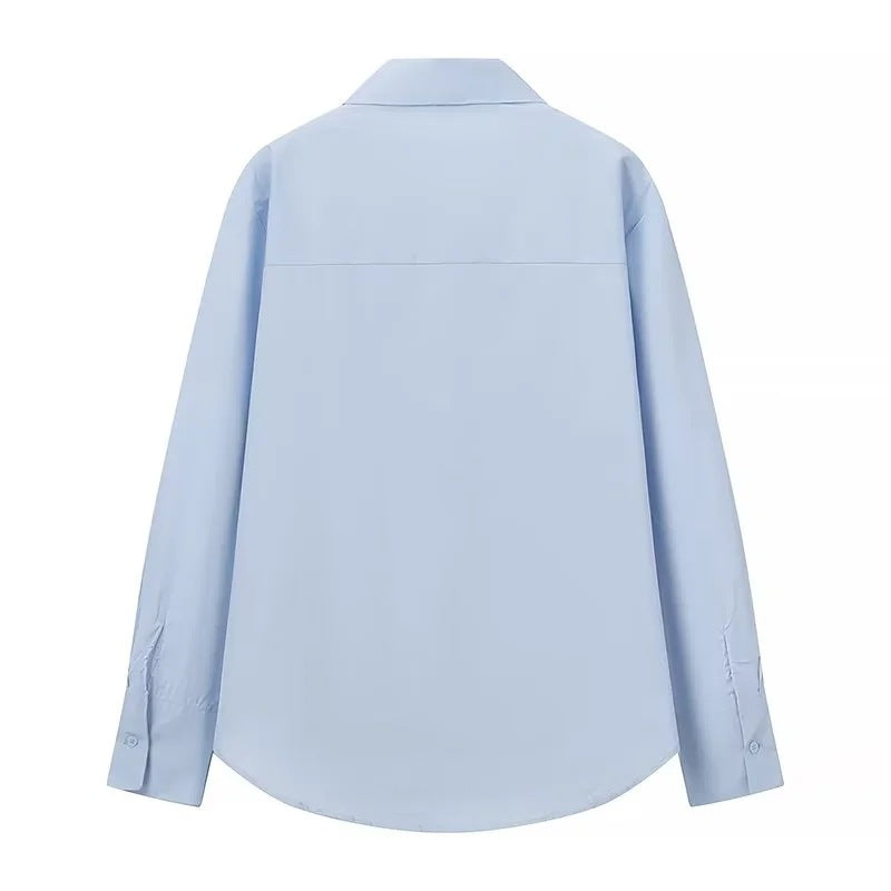 Damen Locker geschnittene Popeline-Bluse mit Rüschenblende und Hemdkragen Shop Nory