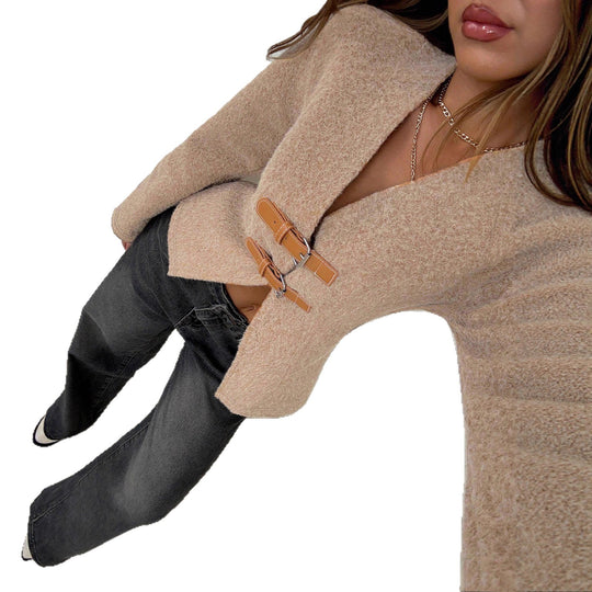 Damen Kuscheliger Strickcardigan mit V‑Ausschnitt und Ziergürtel‑Verschlüssen Shop Nory