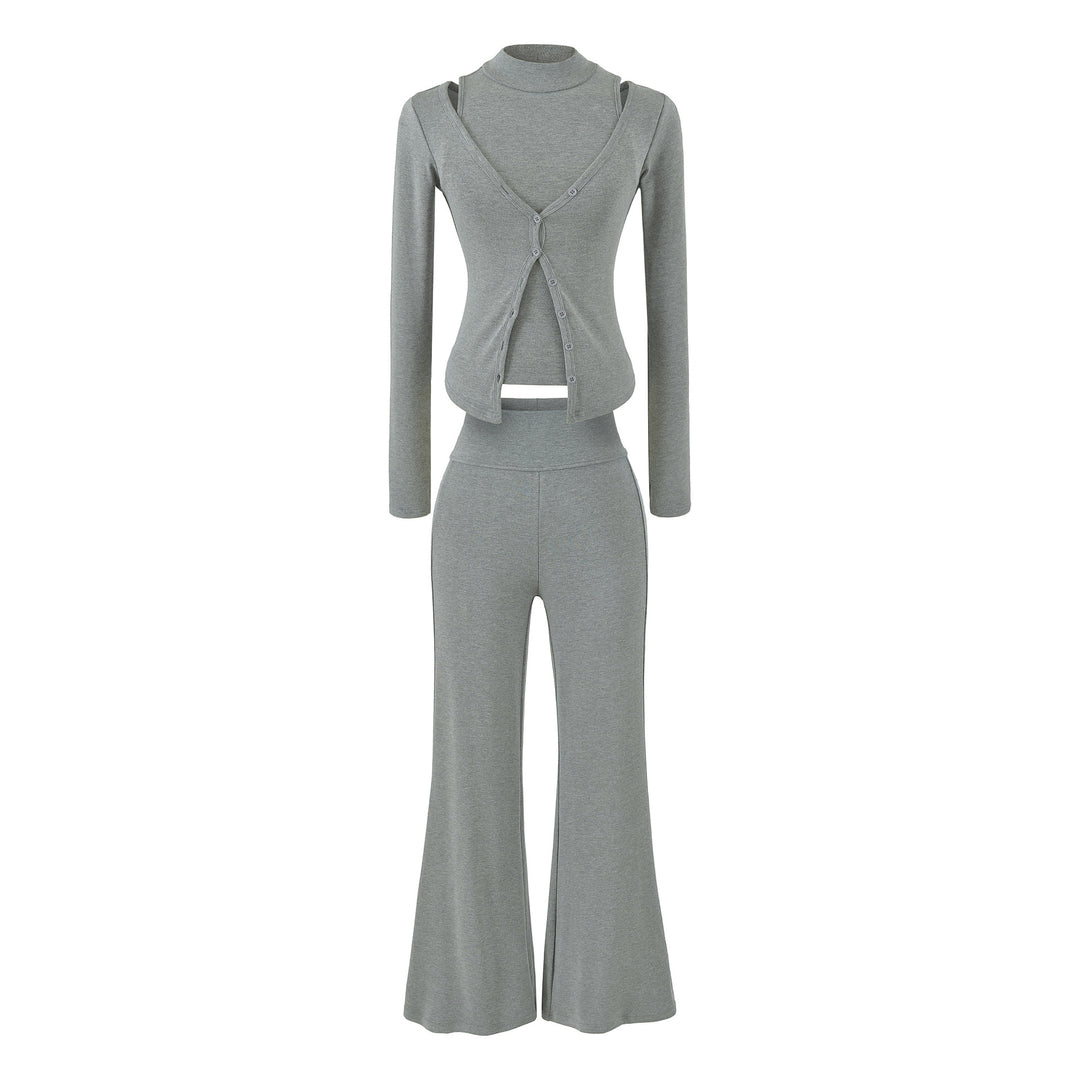 Damen Figurbetontes Layering-Set mit Rollkragen-Longsleeve und asymmetrischer Knopfjacke und ausgestellter High-Waist Hose Shop Nory