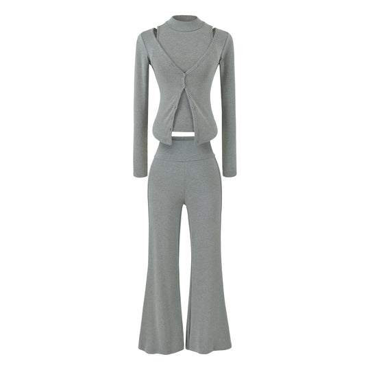 Damen Figurbetontes Layering-Set mit Rollkragen-Longsleeve und asymmetrischer Knopfjacke und ausgestellter High-Waist Hose Shop Nory