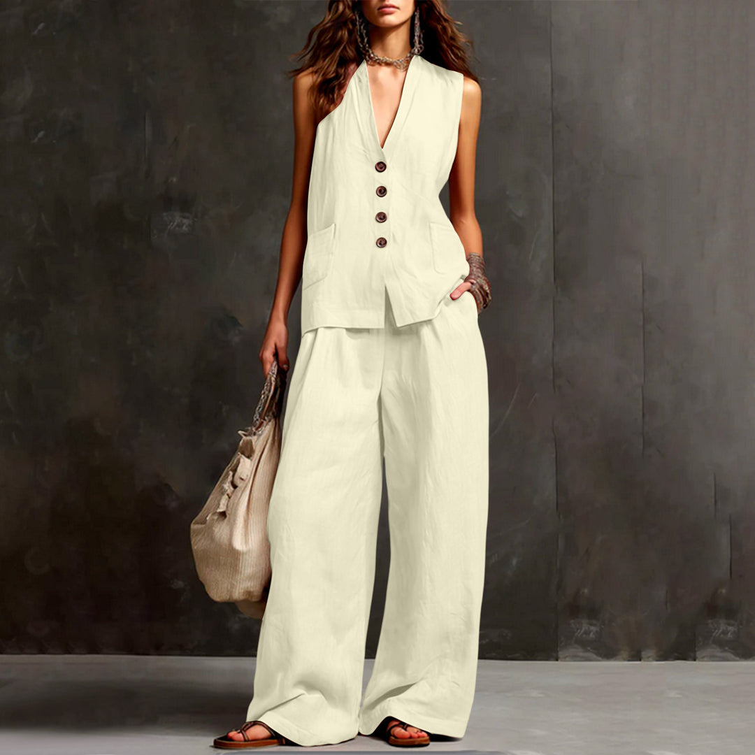 Damen Ärmelloses Longline-Westen und Palazzo-Hosen Set aus Leinenoptik Shop Nory