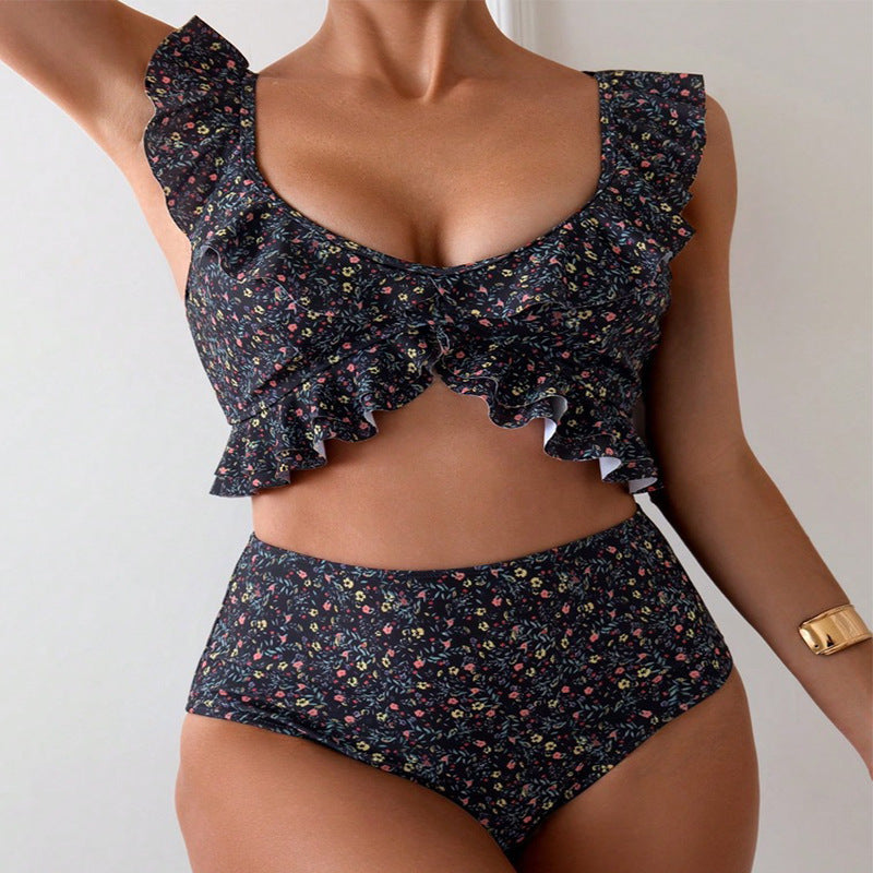 Damen Hochgeschnittener Bikini mit floralem Rüschendesign