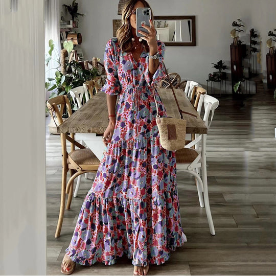 Damen Maxikleid mit Blumenprint, V‑Ausschnitt, Stufenvolant und Tunnelzugtaillen Shop Nory