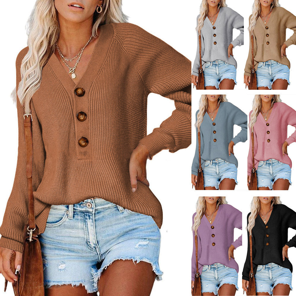 Damen Gerippter Strickpullover mit V‑Ausschnitt, Zierknopfleiste und Ballonärmeln Shop Nory