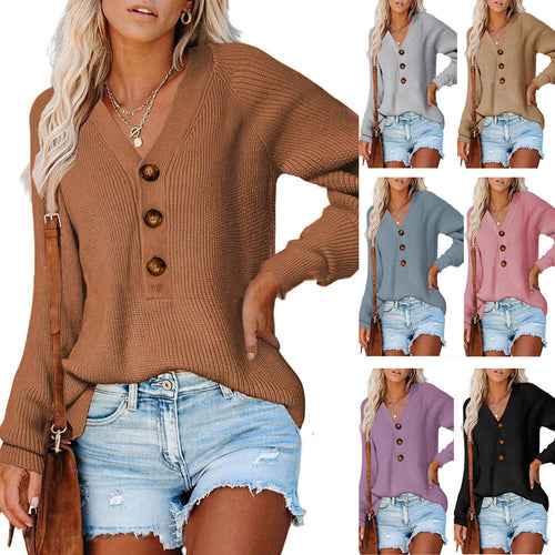 Damen Gerippter Strickpullover mit V‑Ausschnitt, Zierknopfleiste und Ballonärmeln Shop Nory