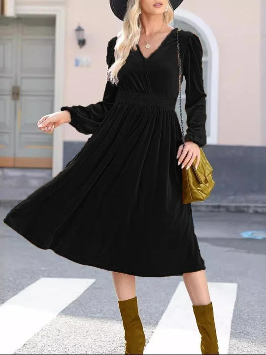 Damen Midikleid aus Samt mit V-Ausschnitt, geraffter Smock-Taille und langen Ballonärmeln Shop Nory