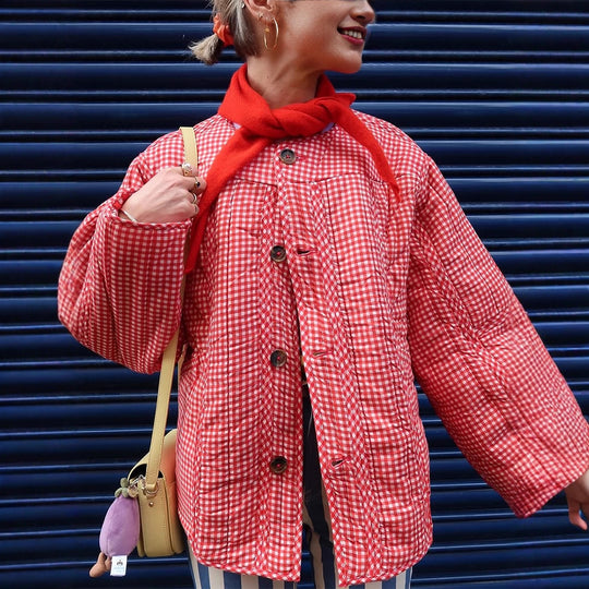 Damen Gepolsterte karierte Boxy-Steppjacke mit Knopfverschluss Shop Nory
