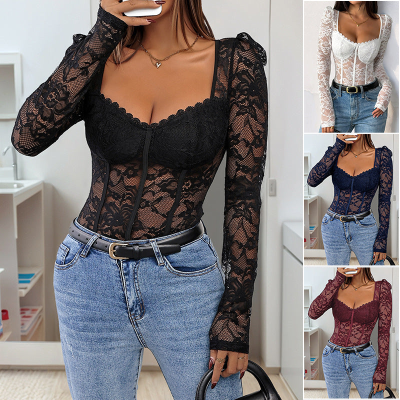 Damen Figurformender Spitzen-Bustierbody mit Korsettnähten und langen Transparenteärmeln Shop Nory