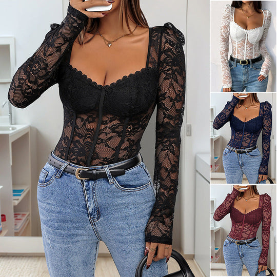 Damen Figurformender Spitzen-Bustierbody mit Korsettnähten und langen Transparenteärmeln Shop Nory