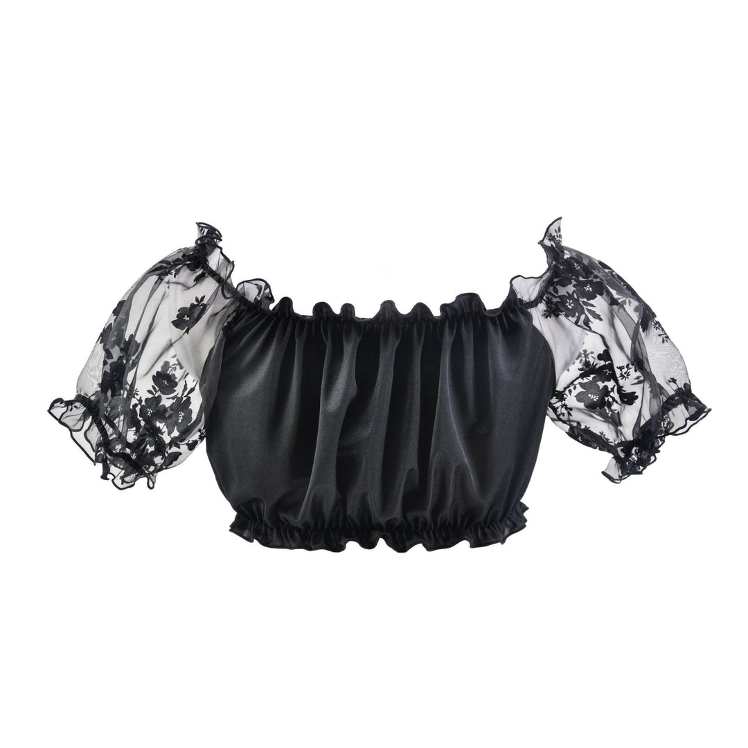 Damen nan Carmen-Dirndlbluse kurz mit geraffter Vorderpartie elastischem Saum und transparenten Puffärmeln Shop Nory