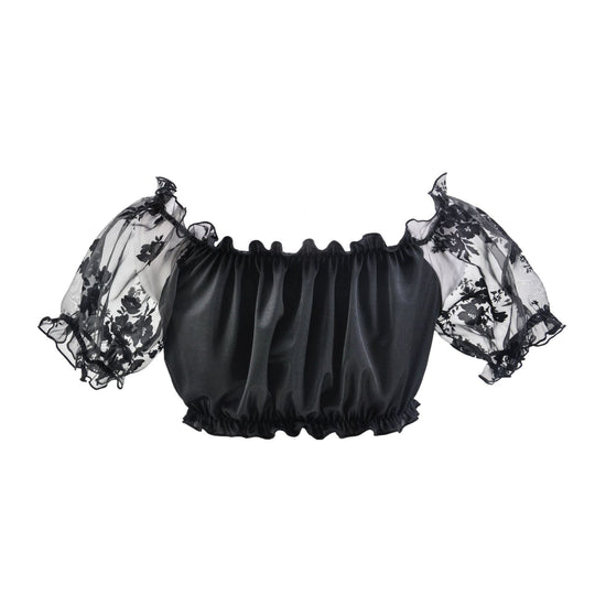 Damen nan Carmen-Dirndlbluse kurz mit geraffter Vorderpartie elastischem Saum und transparenten Puffärmeln Shop Nory