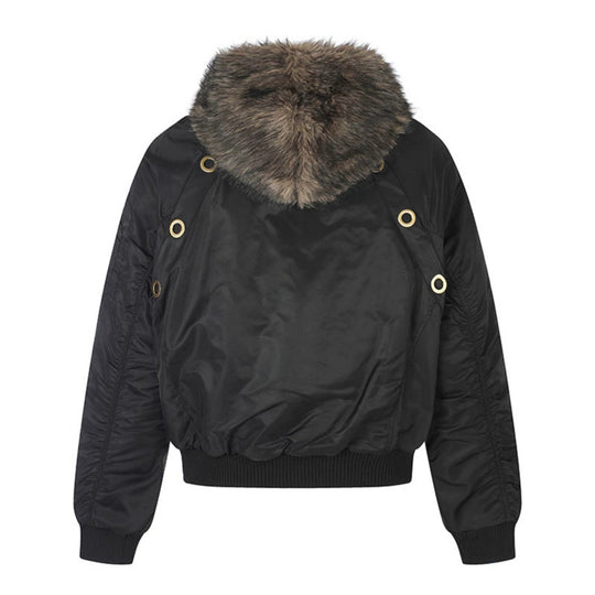 Damen Kurz geschnittene Bomberjacke mit Kunstfellkapuze und Ösenapplikation Shop Nory
