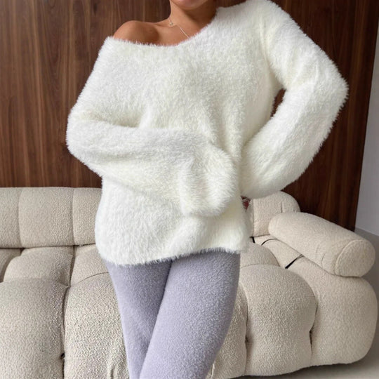 Damen Oversize-Flauschpullover mit V-Ausschnitt und Teddy-Optik Shop Nory