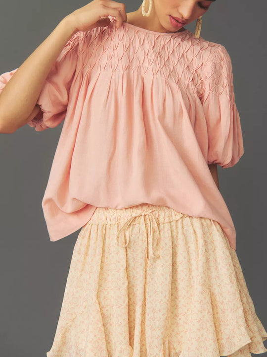 Damen Leichte Bluse mit Smock-Oberteil und Ballonärmeln Shop Nory