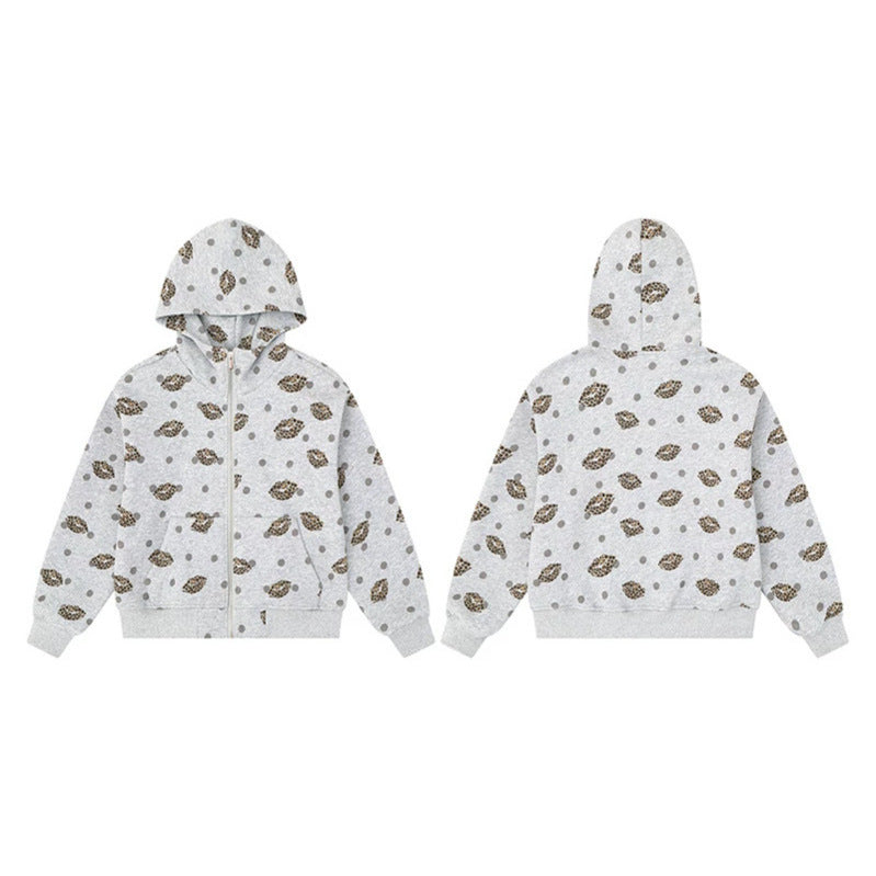 Damen Reißverschluss-Hoodie im Casual-Look mit Lippen‑Motiv und Punktmuster Shop Nory