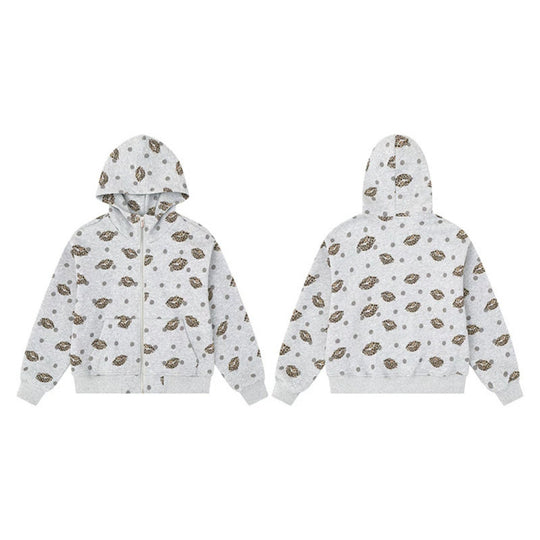 Damen Reißverschluss-Hoodie im Casual-Look mit Lippen‑Motiv und Punktmuster Shop Nory