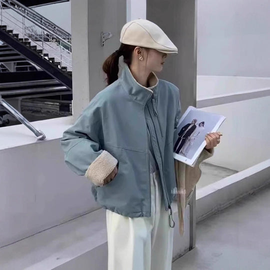 Damen Kurze Oversize Bomberjacke mit Teddyfutter an Bündchen und Stehkragen Shop Nory