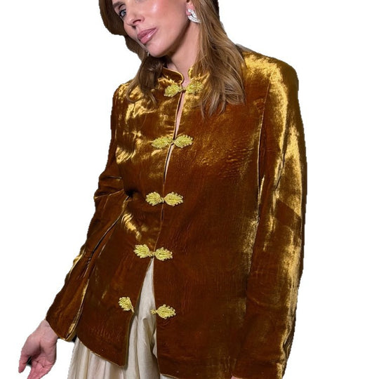 Damen Samtjacke mit Mandarin-Kragen und dekorativen Knotenverschlüssen Shop Nory