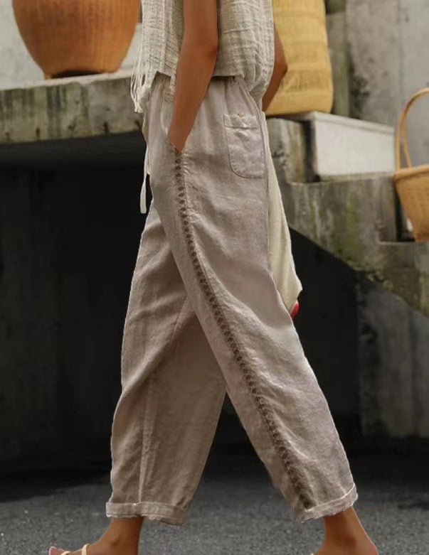 Damen lässige Leinenhose mit seitlichen Schneidern