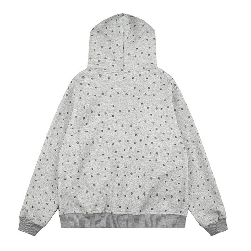 Damen Gepunktete Kapuzen-Sweatjacke mit Kunstfellbesatz, durchgehendem Reißverschluss und Kängurutaschen Shop Nory