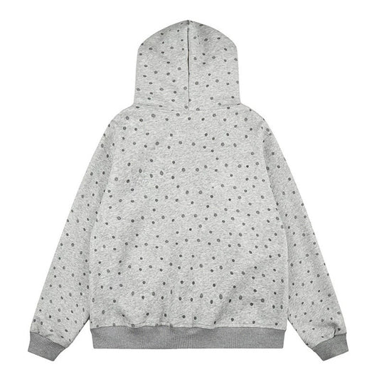 Damen Gepunktete Kapuzen-Sweatjacke mit Kunstfellbesatz, durchgehendem Reißverschluss und Kängurutaschen Shop Nory