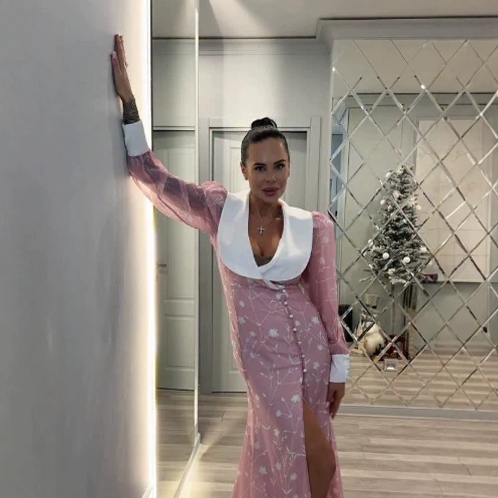 Damen Midikleid mit tiefem Schalkragen, Puffärmeln und seitlichem Schlitz Shop Nory