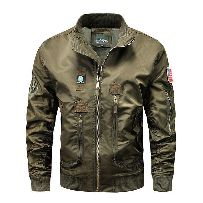 Herren Fliegerjacke im Vintage-Utility-Stil mit Mehrfach-Taschen und goldfarbenem Reißverschluss Shop Nory