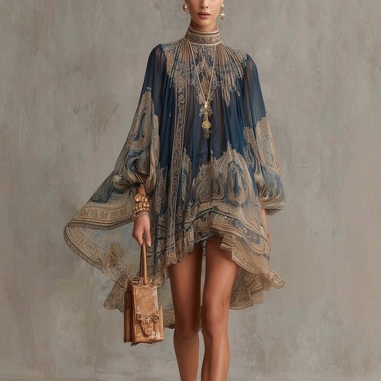 Damen Ätherisches Chiffon Tunika Kleid mit Hohem Stehkragen und Ballonärmeln Shop Nory