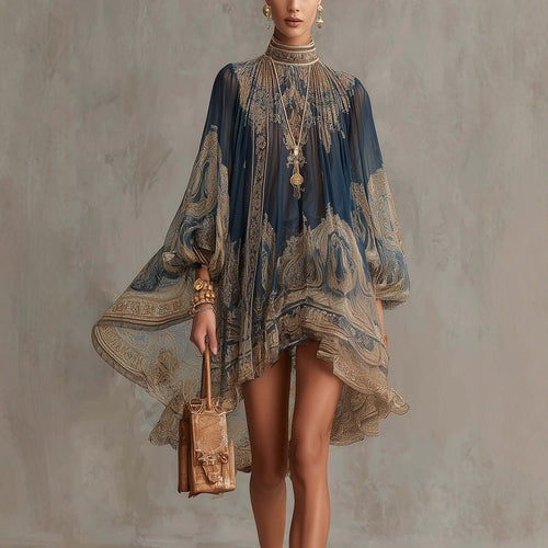 Damen Ätherisches Chiffon Tunika Kleid mit Hohem Stehkragen und Ballonärmeln Shop Nory