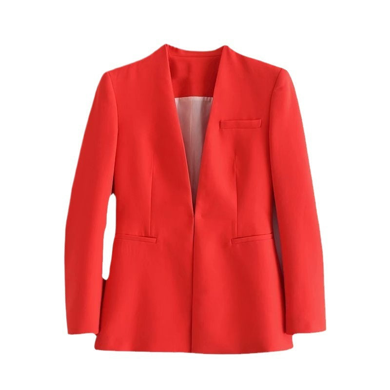 Damen Taillierter Blazer ohne Revers mit offener Front und Paspeltaschen Shop Nory