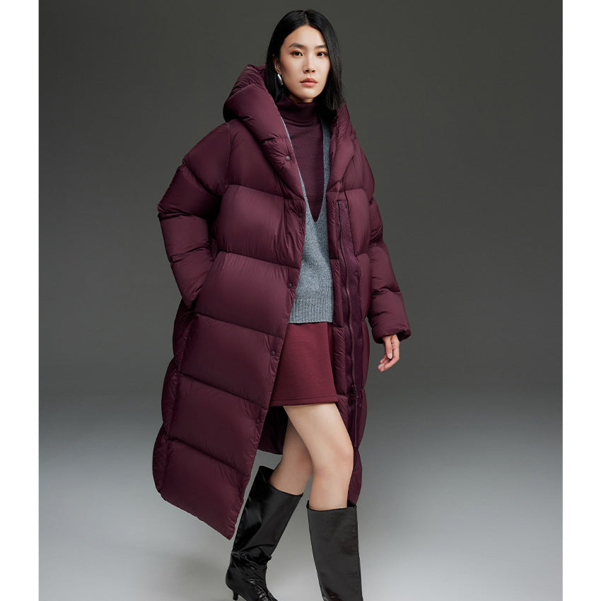 Damen Extra-langer wattierter Steppmantel mit Kapuze, Thermo-Füllung und Zwei-Wege-Reißverschluss Shop Nory