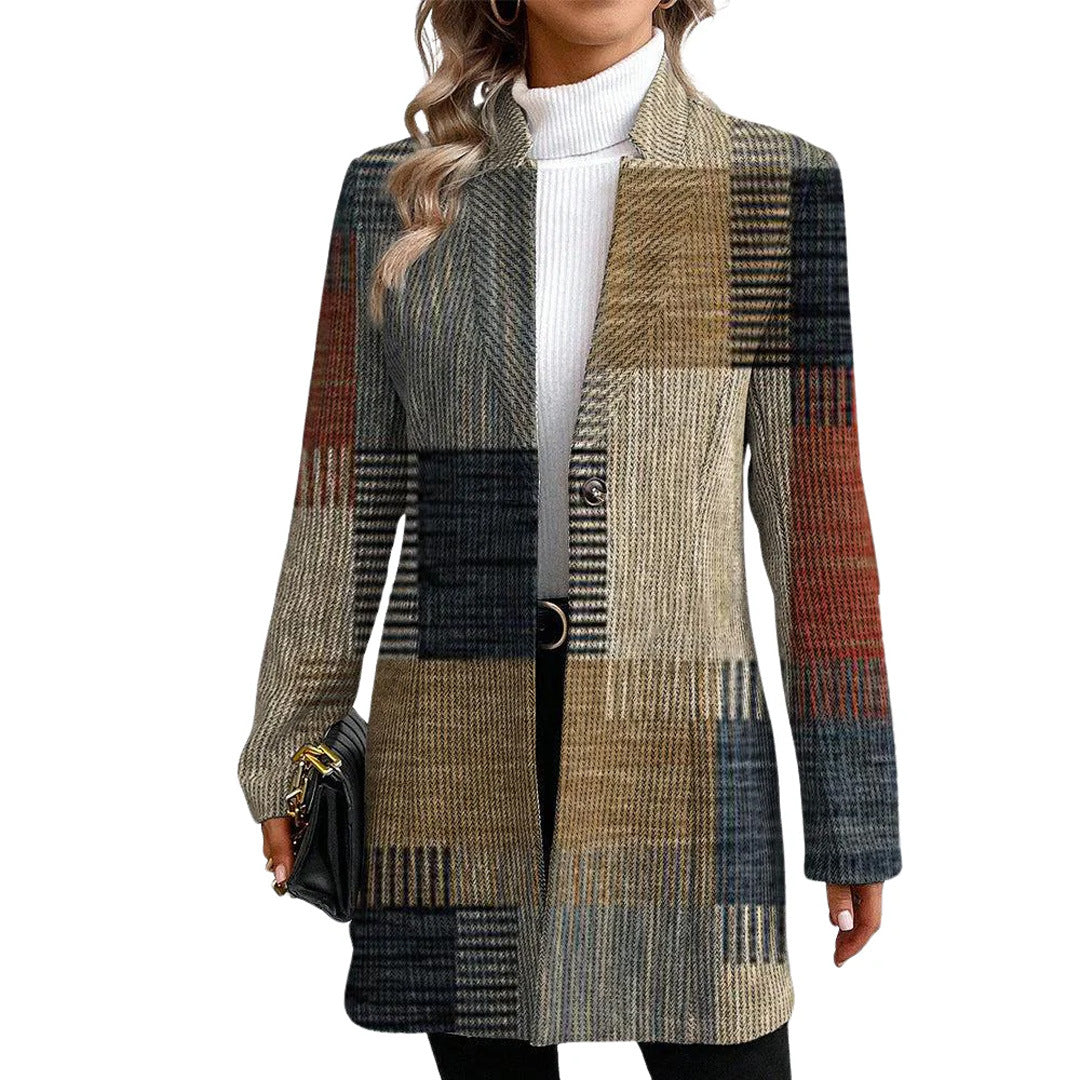 Damen Einreiher Karierter Mantel im Langen Blazer Stil mit Schlanker Silhouette Shop Nory