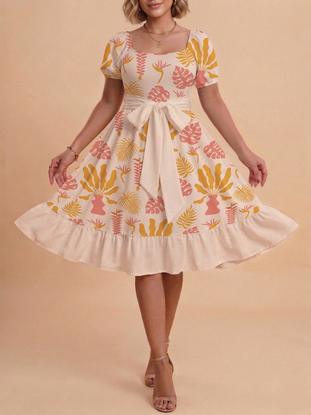 Damen Sommerliches Blumenkleid mit taillierbarem Gürtel und voluminösen Ärmeln
