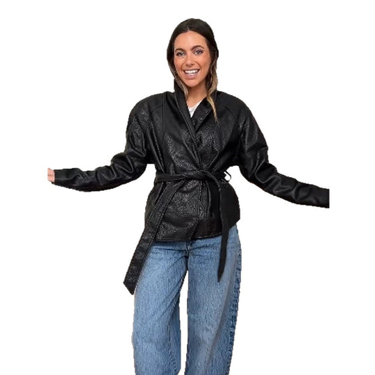 Damen Taillierter Wickel-Blouson aus strukturierter Lederoptik mit Bindegürtel Shop Nory
