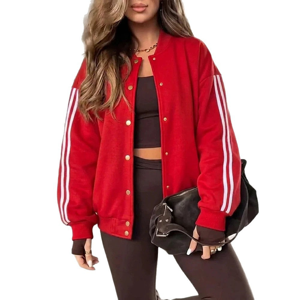 Damen Oversized Collegejacke mit Druckknopfleiste und kontrastierenden Streifenärmeln Shop Nory
