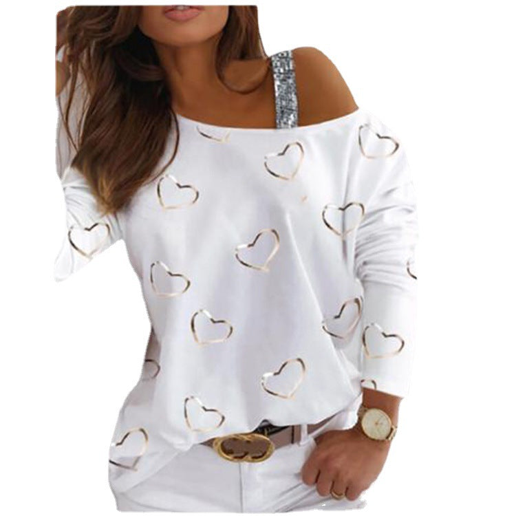 Damen Off-Shoulder Strickpullover mit Herzprint und Paillettenträger Shop Nory
