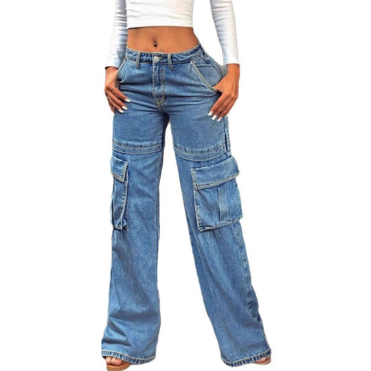 Damen lässige Cargo-Denim-Baggyhose mit extragroßen Klappentaschen und geradem Bein Shop Nory