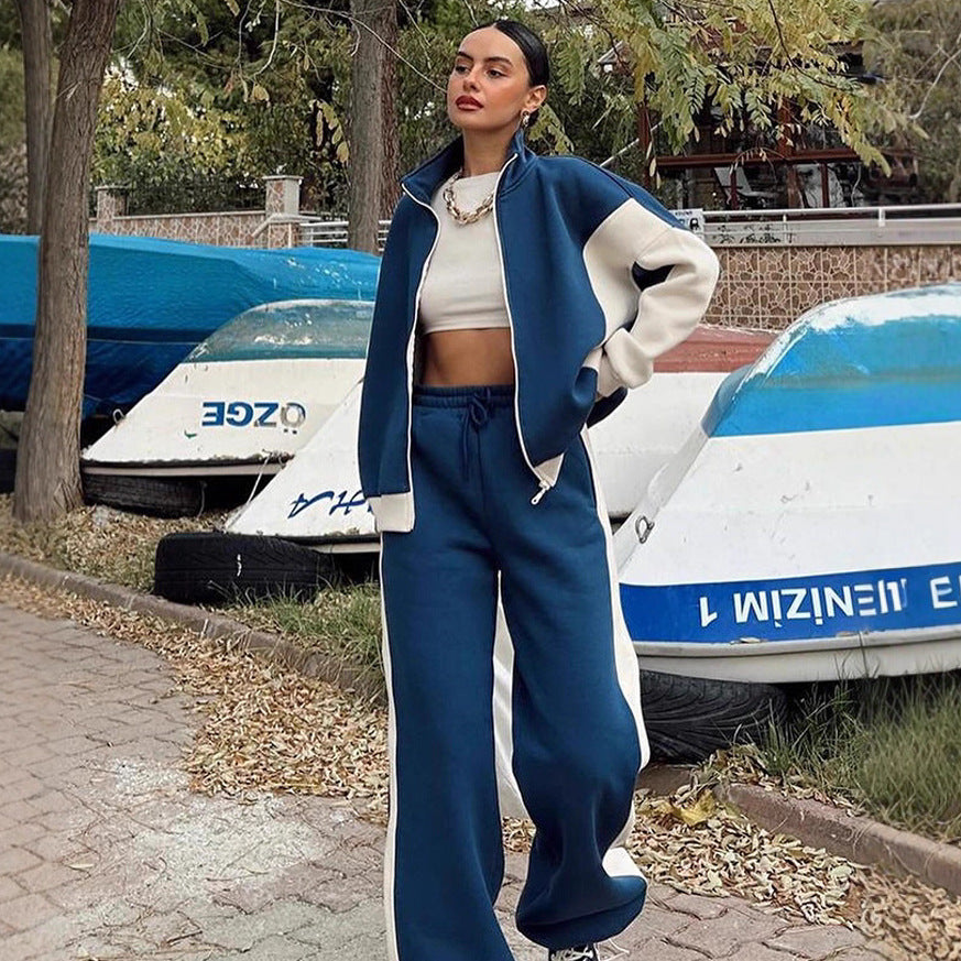 Damen sportliches Set mit hochgeschlossenem Kragen und weitem Hosenbein Shopnory