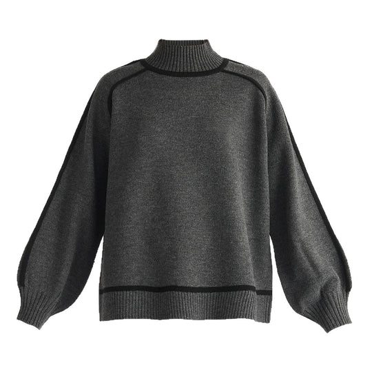 Damen Rollkragen-Feinstrickpullover mit kontrast-Keder und weitem Relax-Fit Shop Nory