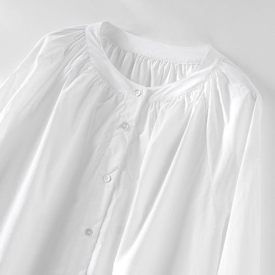 Damen Bluse mit gerafftem Rundhalsausschnitt und durchgehender Knopfleiste Shop Nory