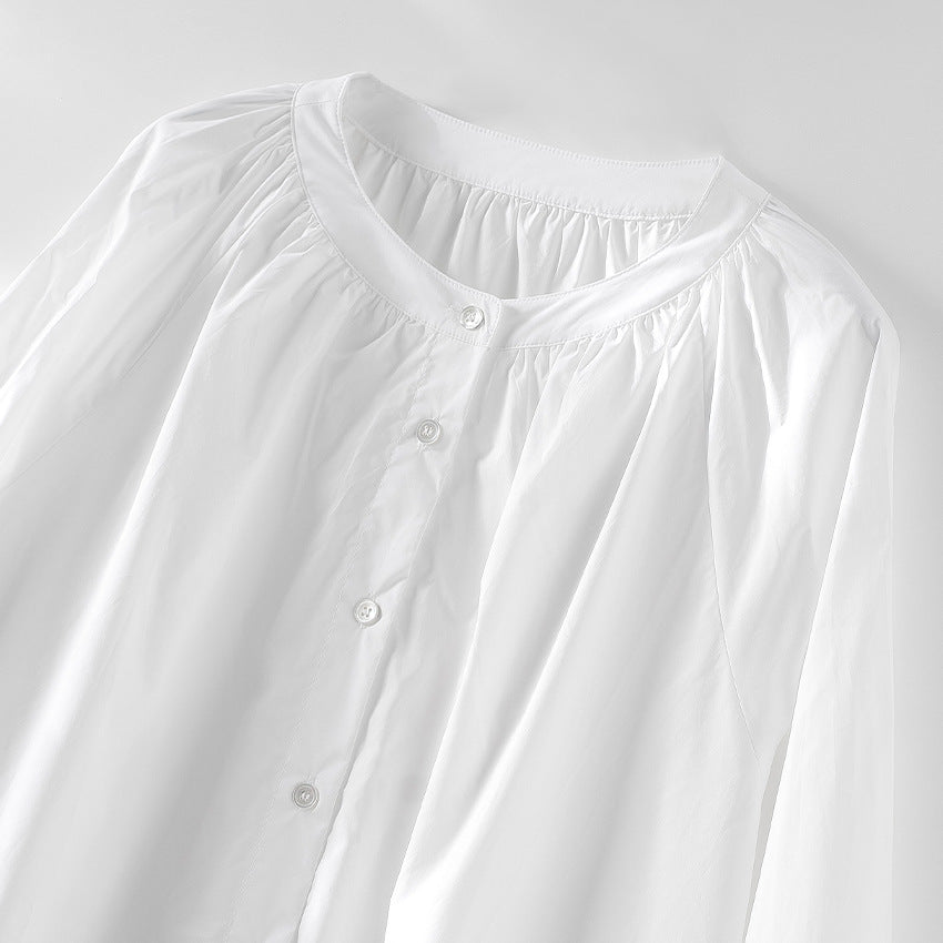 Damen Bluse mit Rundhalsausschnitt, durchgehender Knopfleiste und geraffter Passe Shop Nory