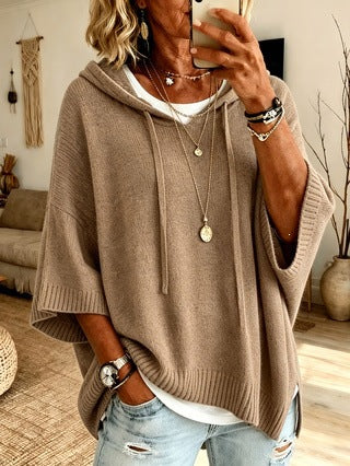 Damen Oversize Strickponcho mit Kapuze und kurzen Ärmeln Shop Nory