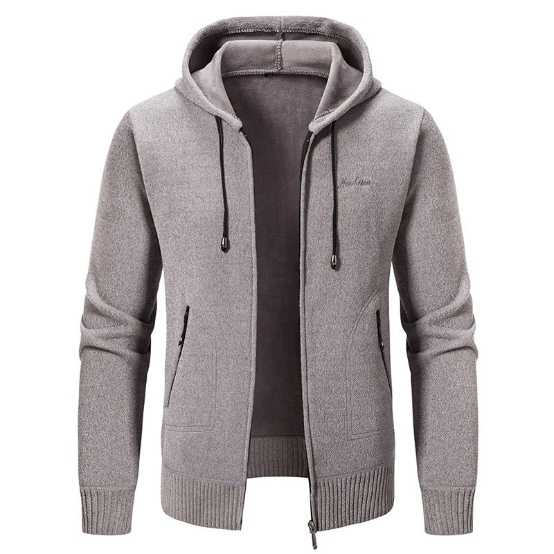 Herren warme Strickoptik-Zipjacke mit Teddyfutter, Kapuze und verdeckten Reißverschlusstaschen Shop Nory