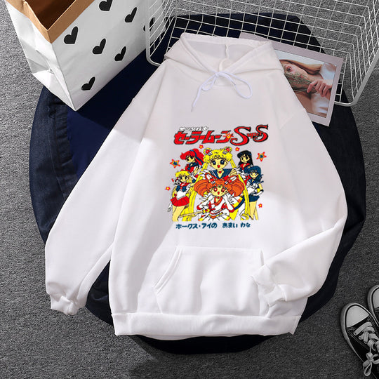 Damen nan Oversize-Kapuzenpullover mit gerautem Fleecefutter, Retro‑Anime‑Print und Kängurutasche Shop Nory