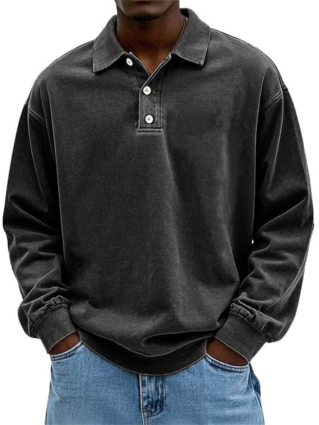 Herren Oversize Denim-Look Polo-Sweatshirt mit kurzer Knopfleiste und elastischen Bündchen EB