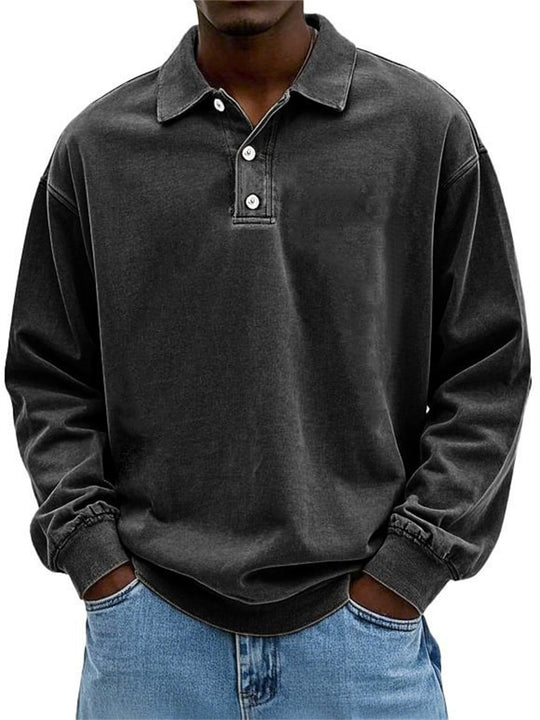 Herren Oversize Denim-Look Polo-Sweatshirt mit kurzer Knopfleiste und elastischen Bündchen EB