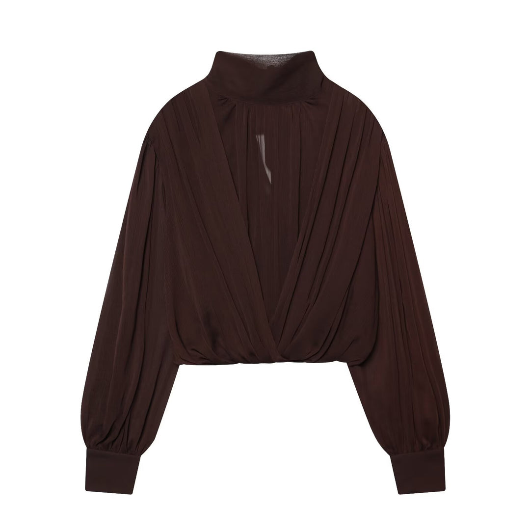 Damen Kurzgeschnittene Wickelbluse mit Stehkragen und voluminösen Ballonärmeln Shop Nory